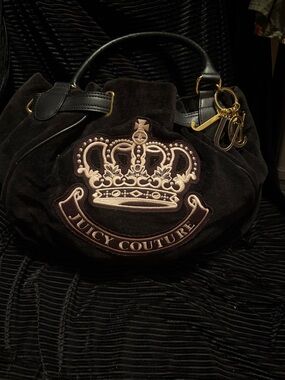 Juicy Couture Black Suede Crown Embroidered Shoulder Bag